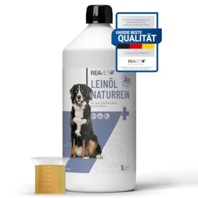 Afbeelding van ReaVET Lijnolie voor honden, katten &amp; paarden (1 Liter) Koudgeperst en rijk aan voedingsstoffen Essentiële Omega 3 6 vetzuren