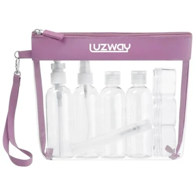 Afbeelding van LUZWAY Toilettas transparant + 8 lege reisflessen voor vloeistoffen (max. 100 ml), reisset vliegtuig, in handbagage, make uptas mannen en vrouwen, Paars.
