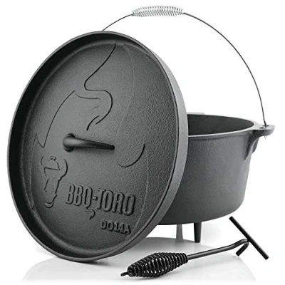 Afbeelding van BBQ Toro Dutch Oven Alpha Serie I reeds ingebrand preseasoned verschillende maten gietijzeren kookpan braadpan met deksellifter (DO14A 13,3 liter, pan voeten)
