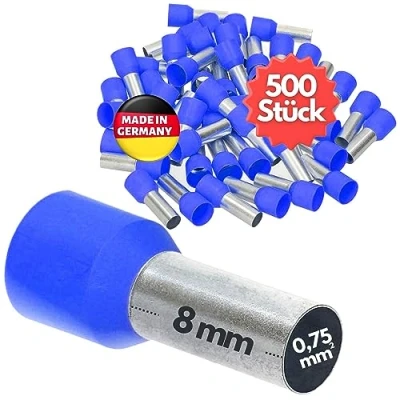 Afbeelding van 500 stuks Kalitec AE07508HBL adereindhulzen geïsoleerd 0,75 mm² 8 mm lang lichtblauw I Made in Germany Industriële kwaliteit