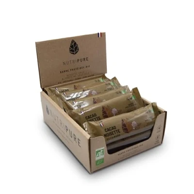 Afbeelding van Nutripure Raw Bio Reep Cacao Hazelnoot Proteïnereep Veganistisch en Biologisch Rijk aan dadels, cacaoboter gedroogde vruchten gezonde gastronomische snack zonder conserveringsmiddelen