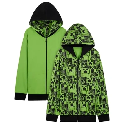 Afbeelding van Minecraft Hoodies voor jongens, hoodie, ritssluiting, omkeerbaar, met capuchon, trui, kinderen, jongeren, gamer, jas 5 14 jaar, Groen