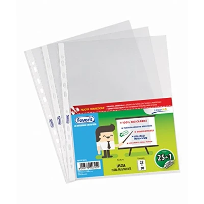 Afbeelding van Favorit Transparante enveloppen, A4, 25 stuks + 1 haak, gladde afwerking, ultra transparant, binnenformaat 22 x 30 cm