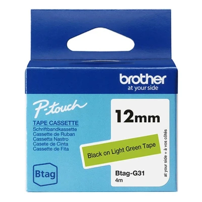 Image de Brother BTAG G31 Noir sur vert clair Rouleau (1,2 cm x 4 m) 1 cassette(s) boîte de suspension bande d&#039;étiquettes