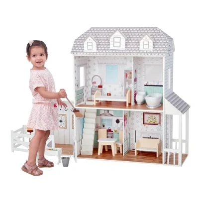 Afbeelding van Teamson Kids Groot Houten Poppenhuis Voor 12&quot; Poppen Omvat 14 Accessoires Kinderspeelgoed Wit/Grijs