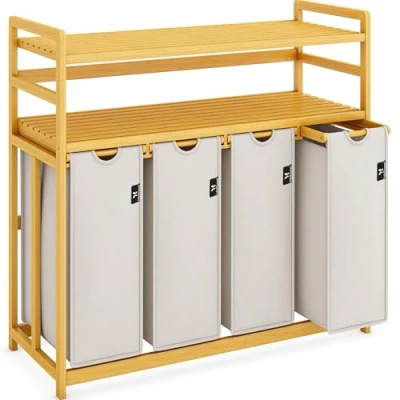 Afbeelding van AdelDream Premium wasmand 200L wassorteerder met 4 vakken en 2 planken, bamboe wasbox uittrekbare verwijderbare waszak, lichtgrijs
