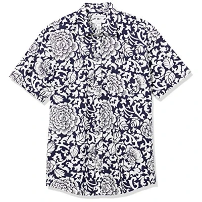 Image de Amazon Essentials Chemise en Popeline à Manches Courtes Coupe Régulière Men&#039;s, Noir Blanc Fleuri, XS