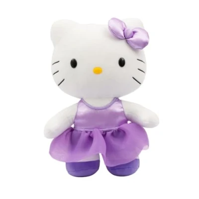 Afbeelding van Hello Kitty Giochi Preziosi Zacht pluche dier, 30 cm hoog met modieuze outfit, paarse satijnen jurk en bijpassende strik, voor kinderen vanaf 3 jaar