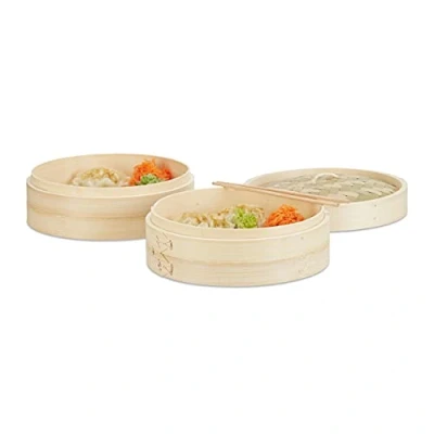 Afbeelding van Relaxdays stoommand bamboe 24 cm stoommandje met deksel voor rijst driedelig