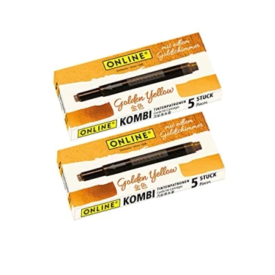 Afbeelding van Online: set van 10 Kombi Golden Yellow (goud geel) inktpatronen met Gouden glans. Compatibel alle pennen, inclusief Lamy pennen. inkt voor kalligrafie, handlettering op transparant papier