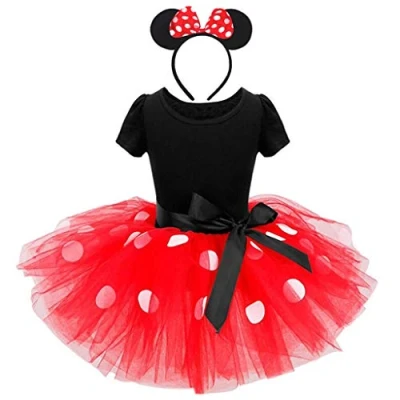 Afbeelding van Lito Angels Minnie Mouse jurk voor meisjes, met hoofdband muizenoren, maat 5 6 jaar, rood (etiket van stof 130)