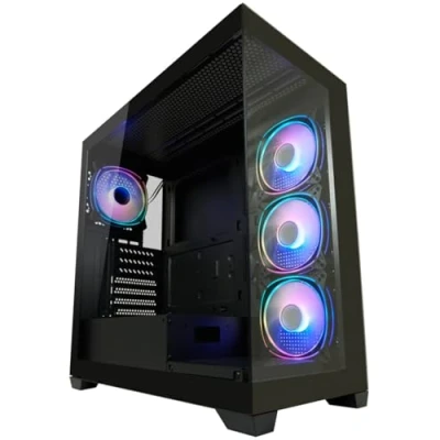Afbeelding van LC Power 715B Seamless Pale x Midi ATX gaming behuizing met 4 120 mm ARGB ventilatoren, I/O paneel, RGB moederbordsoftware, voor en zijruit van gehard glas (zwart)