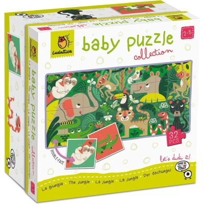 Afbeelding van Ludattica Puzzels: de JUNGLE Baby puzzel 18x18x10,5cm, 8 puzzels van 4 stukjes (16x16cm) vormen op achterkant een 32 stukjes, 2+
