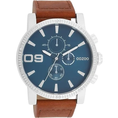 Afbeelding van OOZOO Timepieces Zilverkleurige horloge met bruine leren band C11210