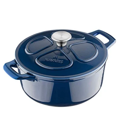 Afbeelding van Navaris gietijzeren braadpan met deksel Dutch oven Geëmailleerde pan Pot geschikt voor inductie gas en keramisch koken Donkerblauw