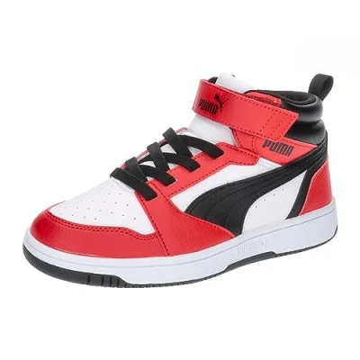 Image de PUMA Rebound V6 Mid Sneakers Kids, Chaussures, Blanc/Noir/Rouge, 28
