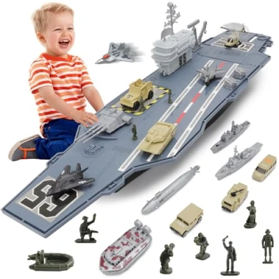 Afbeelding van deAO Realistisch design speelgoedvliegdekschip, accessoires, militair schip, 10 soldaten, vrachtwagens, jachtvliegtuigen, slagschip enz. 26 stuks speelset vliegtuighouders, militaire bootmodel