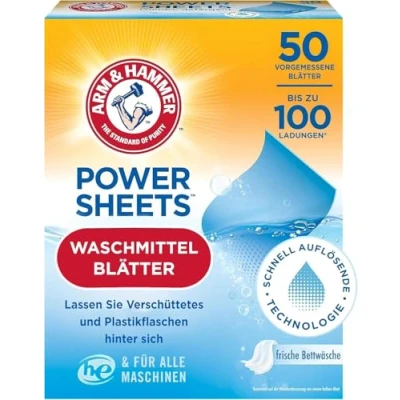 Afbeelding van Arm &amp; Hammer Power Sheets Wasmiddel, Frisse Linnengeur, 50 Stuks, Tot 100 Kleine Wasmiddelen