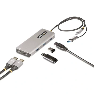 Afbeelding van StarTech.com USB C Multiport Adapter met Ingebouwde naar A Dongle, Dual HDMI (4K30Hz/1080p60Hz), 3x 5Gbps, Mini Travel Dock, Laptop Docking Station, 40cm Kabel