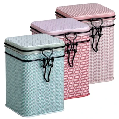 Afbeelding van set van 3 theedozen, voorraaddozen, roze + blauw rood, voor elk 150 g
