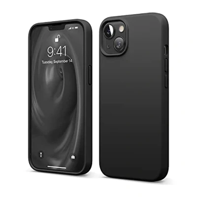 Afbeelding van elago Beschermhoes van vloeibare silicone, compatibel met iPhone 13 (6,1 inch), hoes premium rondom bescherming, schokbestendige 3 structuren, zachte microvezel, voorkomt krassen (zwart)