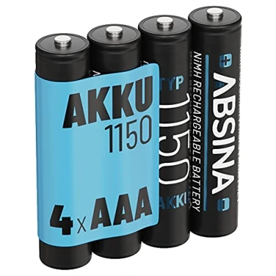 Afbeelding van ABSINA 4 x oplaadbare AAA batterij 1150 NiMH batterijen oplaadbaar 1,2 V &amp; min. 1050 mAh voor apparaten met een hoog verbruik batterijen, ideaal