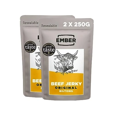 Image de Ember Snacks: Biltong Beef Jerky Saveur Original (2x 250g = 500g total) / boeuf séché riche en protéines. Collation à emporter faible gras &amp; calories A base de britannique irlandais