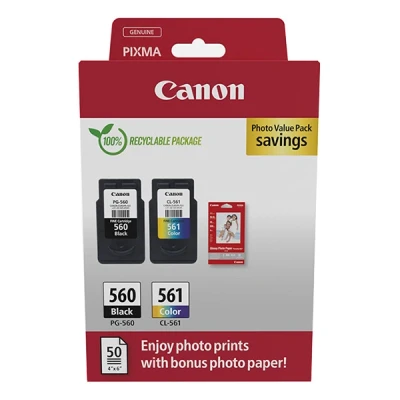 Image de Canon PG 560/CL 561 Photo Value pack Brillant 0.27 mm de 2 couleur (cyan, magenta, jaune), noir pigmenté original boîte réservoir d&#039;encre/kit papiers pour PIXMA TS5350, TS5351, TS5352, TS5353, TS7450, TS7451