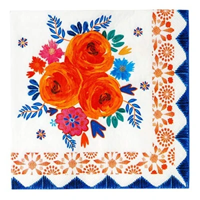 Afbeelding van Boho servetten met blauwe en oranje bloemen 20 stuks Talking Tables 33 x centimeter