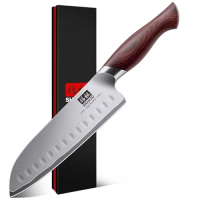Afbeelding van SHAN ZU Couteau de Cuisine Santoku Professionnel 18 cm Acier Japonais à Haute Teneur en Carbone 10cr15mov Avec Lame ExtrêMement Tranchante 12 Et Manche Ergonomique Bois Pakka