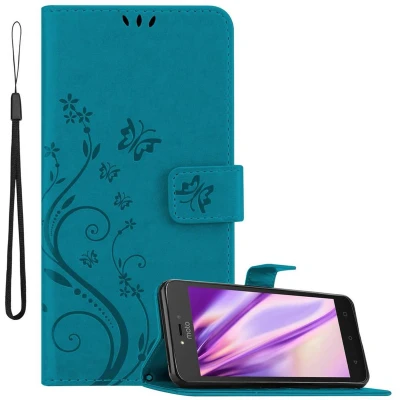 Afbeelding van Cadorabo Hoesje geschikt voor Motorola MOTO C in BLOEMEN BLAUW Beschermhoes bloemmotief met magnetische sluiting, standfunctie en kaartsleuven Book Case Cover Etui