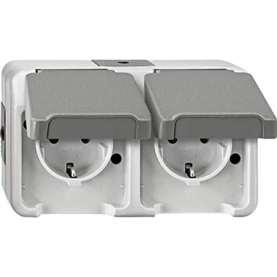 Afbeelding van Merten 4074947 AquaStar Compleet Wandcontactdoos met randaarde en klapdeksel spatwaterdicht Lichtgrijs 2 voudig