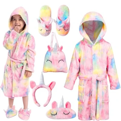 Afbeelding van JOYIN Eenhoorn badjas voor kinderen met capuchon, nachtkleding hoofdband, zak, pantoffels en Roze