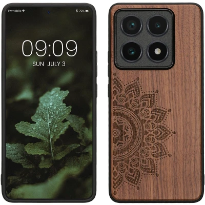 Afbeelding van kwmobile telefoonhoesje geschikt voorXiaomi 14T Pro Hoesje met bumper walnoothout In donkerbruin Opkomende Zon design