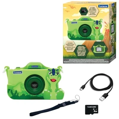 Afbeelding van Lexibook, Dinosaurus, 4 in 1 kindercamera met bescherming, foto , video MP3 en gamefuncties, 15 frames voor het personaliseren van je foto&#039;s, inclusief 8 GB geheugenkaart, DJ078DINO