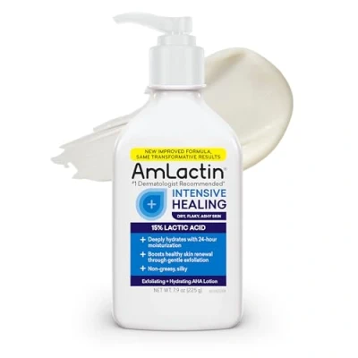 Afbeelding van AmLactin Rapid Relief Restoring Bodylotion 7,9 oz pompfles 2 in 1 exfoliator en vochtinbrengende crème