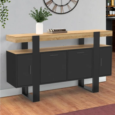 Afbeelding van Buffet 140 cm PHOENIX 4 portes noir avec plateau bois