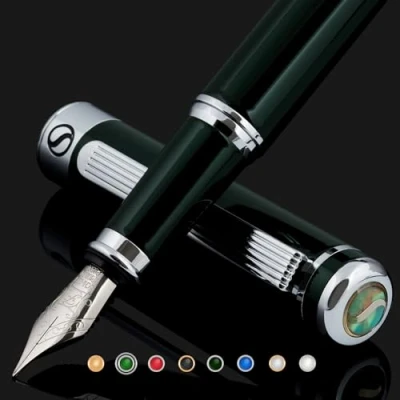 Afbeelding van Scriveiner Vulpen Engelsgroen, leuke vulpen, verchroomde afwerking, Schmidt veer (fijn), beste cadeauset voor dames en heren, professioneel, manager, kantoor, mooie pen