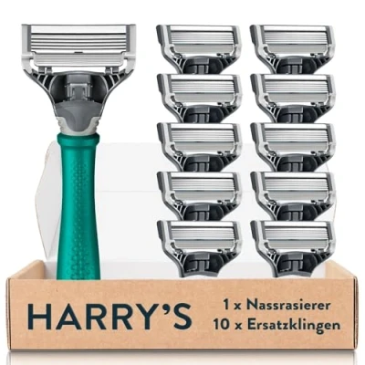 Afbeelding van Harry&#039;s Nat scheerapparaat voor heren, scheerset met groene handgreep, 10 reservemesjes, scheermesjes heren