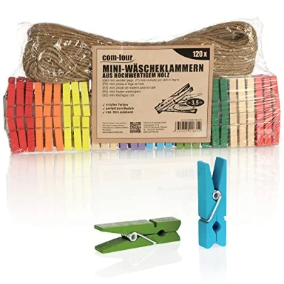 Afbeelding van COM FOUR® 120x mini wasknijpers en 50 m jute touw kleine kleurrijke houten knijpers als decoratie voor foto&#039;s, collages, ansichtkaarten, foto&#039;s &amp; geschenken (120 stuks met lint kleurrijk)