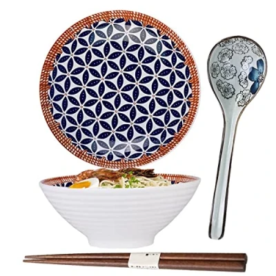 Afbeelding van Ramen kom, porseleinen Japanse noedelsoepen, ramenschaal met lepel, eetstokjes, slakommen