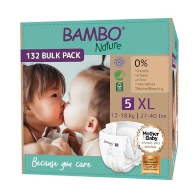 Afbeelding van BAMBO Nature Luiers Maat 5 (12 18 kg) 132 stuks Maandbox 0% onnodige toevoegingen Ideaal voor de gevoelige huid Nordic Swan Ecolabel