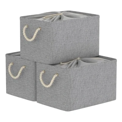 Afbeelding van Yawinhe opvouwbare opbergmanden van 3 stuks, met trekkoord en 2 handgrepen, opbergbakken, voor speelgoed, planken, kleding, boeken, 37x26x20cm, grijs, SNK003GS