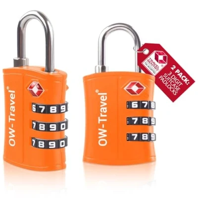 Afbeelding van OW Travel TSA hangslot voor koffer. 3 cijferig slot code ABS diefstalbeveiliging bagage kluisje opslag tent camping combinatie USA. Vliegtuig reisaccessoires: kofferslot TSA007, 32b)