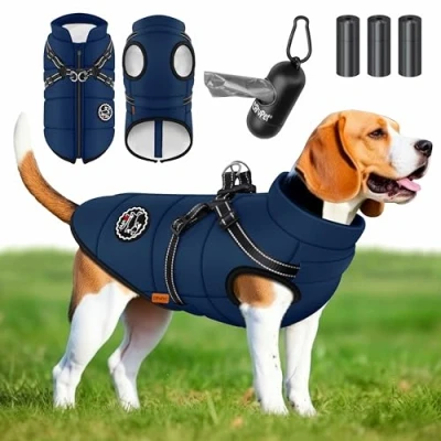 Afbeelding van LOVPET® Hondenjas Hondenvacht Met Harnas Waterafstotend, incl. 45 Stuks Poepzak + Dispenser, Winter Vest Hond Waterdicht Gevoerd, Gewatteerd Borstband, Reflectoren, D Ring Marineblauw / 3XL