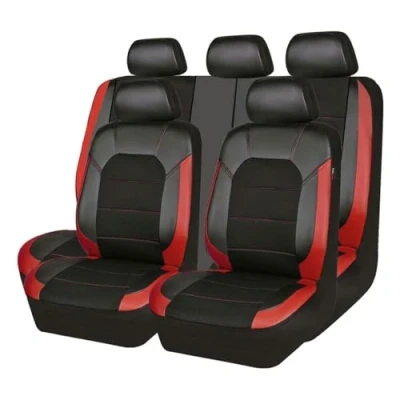 Afbeelding van Complete set autostoelhoezen voor Ford Fiesta Mk7 2009 2010 2011 2012 2013 2014 2015 2016 2017, 9 stuks waterdichte ademende lederen stoelhoezen set, E/zwart rood