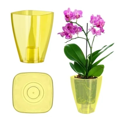 Afbeelding van KADAX Bloempot, orchideeënpot, eenvoudige bloempot voor orchidee, juveniel, madeliefje, keuken en woonkamer (diameter 9 cm, rechthoekig, geel)