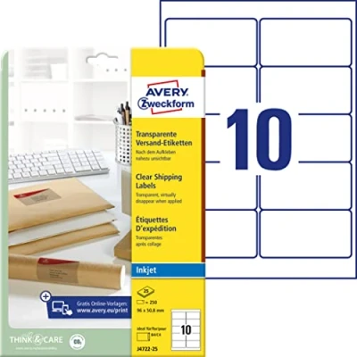Afbeelding van Avery J4722 25 zelfklevende etiketten, transparant, rond, rechthoekig, 96 x 50,8 mm, A4, Sur, polyester)