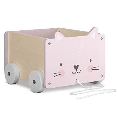 Afbeelding van Navaris houten speelgoedkist op wielen Opbergbox voor speelgoed Inclusief touw om te trekken Kist van hout Kat 25,5 x 24 20 cm Roze