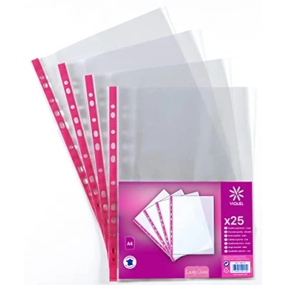 Afbeelding van Viquel 25 stuks A4 geperforeerde plastic hoezen versterkte rand roze 109179 06